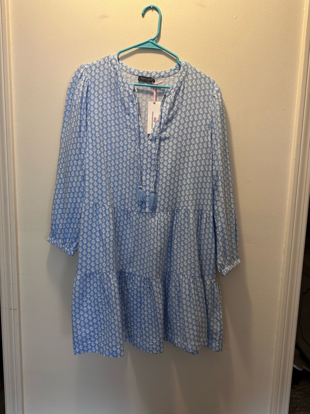 Vineyard Vines Blue & White Printed Long Sleeve Tiered Dress